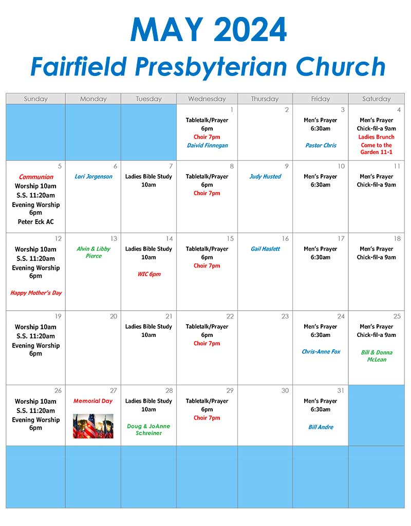 Fairfield Church Calendar, PCA, Pastor Chris O'Brien